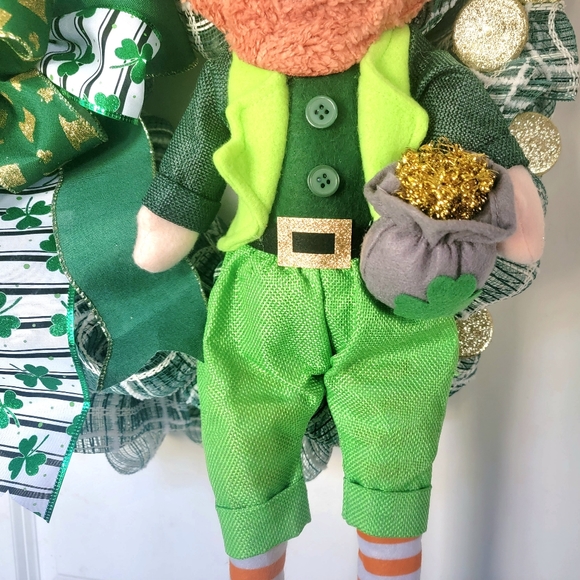 St Patricks Day Leprechaun Wreath Deco Mesh Bow Pot of Gold - Picture 4 of 8